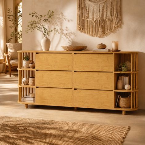 Buffet 160 x 40 x 75 cm avec 6 tiroirs et étagères ouvertes en bambou, décor chêne DESVIAE (1/5)