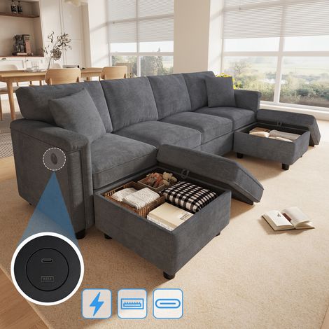 Canapé d'angle en U/L 6 places avec rangement,canapé modulable avec 2 poufs et ports USB/Type-C,canapé convertible en chenille,assise profonde,Gris (1/5)