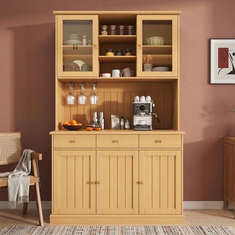 Aparador alto 120/40/191 cm efecto madera natural con vitrinas, portavasos y enchufes integrados (1/5)