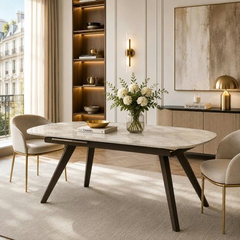 Table céramique effet onyx pieds bronze 140-180 cm LORA