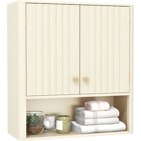 COSTWAY Fluted Bathroom Wall Cabinet Modern Double Door Medicine Cabinet-Beige (1/5)