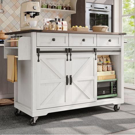 Carrello da cucina 140x73x94 cm con 2 ante scorrevoli, vassoio tavolo pieghevole, 3 cassetti, portasciugamani, portaspezie, bianco (1/5)