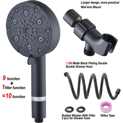 Pommeau de douche filtré avec main, haute pression, 9 modes de pulvérisation, pomme de douche noir mat avec filtres, pomme de douche amovible, adoucisseur d'eau