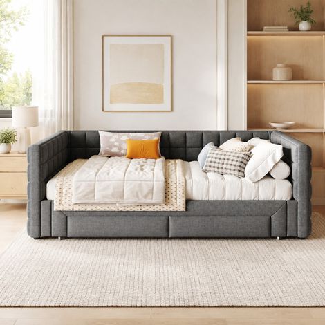 Lit gigogne 90 x 200 cm en velours gris, structure MDF, dossier carré, extensible en lit 180 cm, 2 tiroirs, sans matelas, pour chambre – de FLORAGRACE (1/5)