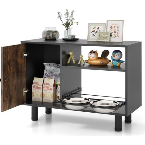 COSTWAY Ciotola per Cani Antigoccia 82 x 35 x 60cm, Armadietto per Animali con 2 Ciotole Rialzate in Acciaio Inox e Scaffale, Stazione di Alimentazione per Forniture di Cibo e Acqua, Marrone (1/5)