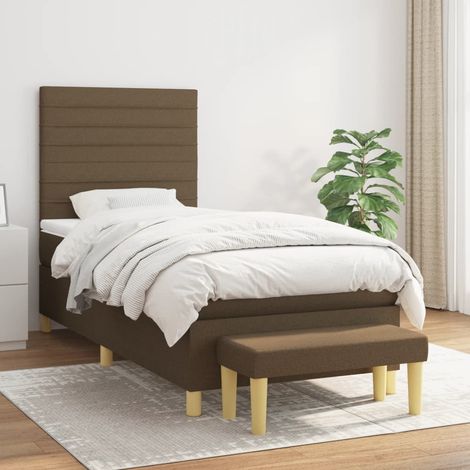 Cama box spring con colchón tela marrón oscuro 90x200 cm