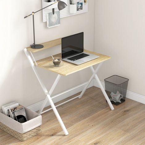 Mesa de Estudio Plegable con Estante Superior Estilo Moderno para Sala Oficina Dormitorio 81,5x70x84 cm Natural y Blanco (1/5)