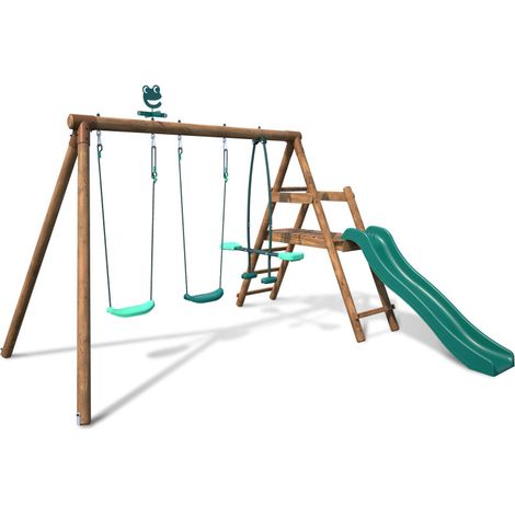 Portique en bois rond 3 agrès avec face à face et toboggan bas FIGUE