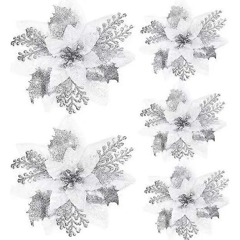 Lot de 5 fleurs artificielles de Noël à paillettes, décorations pour sapin de Noël et du Nouvel An. Fleurs artificielles de Noël.argent (1/5)