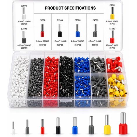 Wiltec Aderendhülsen Set 1300-tlg. 0,5-10 mm² isolierte Kabelendhülsen, Isolierhülsen für Drahtverbindung, Single- und Zwillings-Aderendhülsen (1/5)