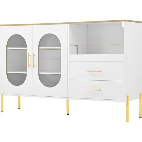 Credenza moderna bianca con 2 cassetti e 2 ante in vetro, 140 x 38 x 90 cm, MDF, con dettagli oro (1/5)