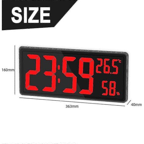 Grande horloge murale numérique avec affichage LED de la température et de l'humidité idéale pour la chambre ou le bureau - rouge (1/4)