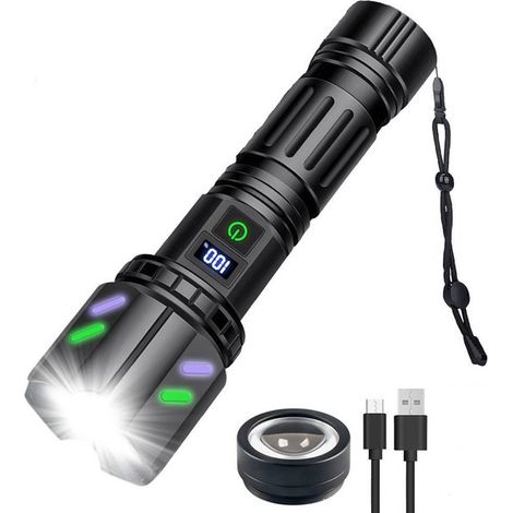 LED-Taschenlampe mit weißem Licht: ausgestattet mit Digitalanzeige, Zoomfunktion, USB-C-Ladeanschluss und einem Fernlichtstrahl. (1/5)