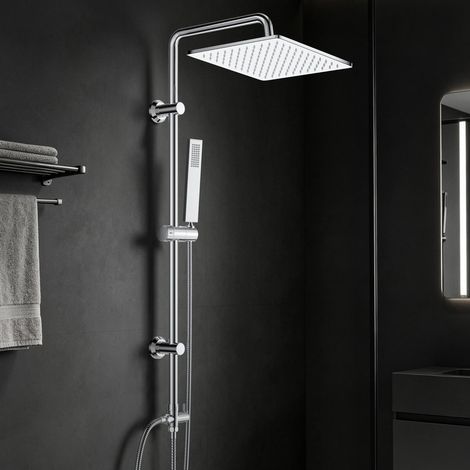 Görbach Colonne de douche en inox chromé, douche pluie carrée 25x25 cm, compatible avec installation existante et perçages existants (1/5)