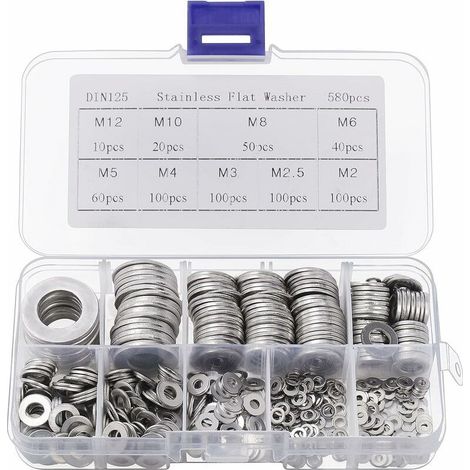 Rondelle Inox avec Boîte de Rangement (Lot de 580) - Assortiment de 9 Tailles M2, M2.5, M3, M4, M5, M6, M8, M10 & M12 - Lot de Rondelles Métal - Réparations, Usines & Décoration Intérieure (1/5)