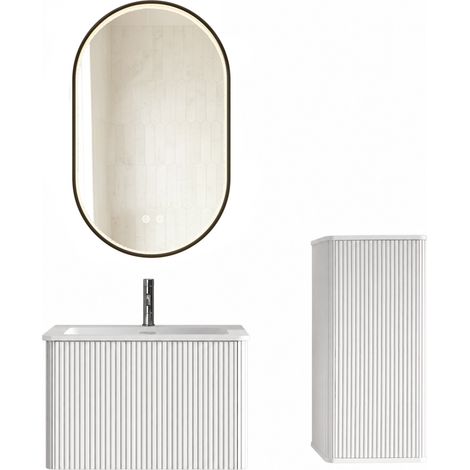 Conjunto de muebles de baño de 60 cm con lavabo, armario lateral y espejo LED, blanco (1/5)