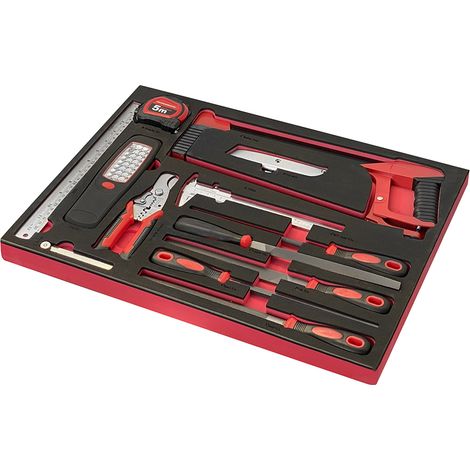 Assortimento di 13 utensili SOGI TER-17 - metro - lampada LED - righello - cutter - calibro - seghetto - lime varie