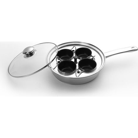 Cuiseur à œufs pochés antiadhésif, en acier inoxydable compatible induction, pour 4 œufs, 22,3 cm, couleur argent, idéal pour des œufs pochés au petit-déjeuner (1/5)