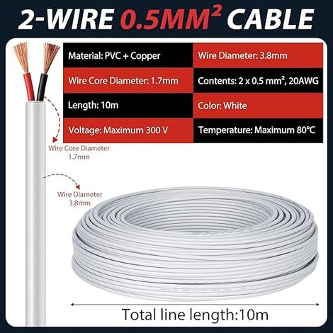 Electric Cable 2 Wires 2 x 0.5 mm² 10 m 20AWG 300 V Flexible Electric Wire Electric Wire 2 Conductors Copper PVC Extension Power Cable for LED Lights Trailers Boat Outdoor White (1/4)