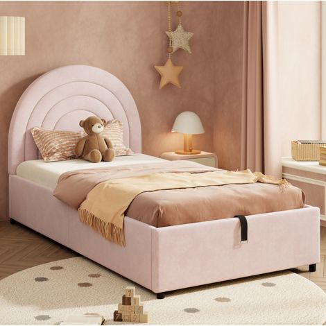 Letto imbottito 90x200 cm con contenitore idraulico, testiera imbottita, design per materasso incassato, velluto rosa (1/5)