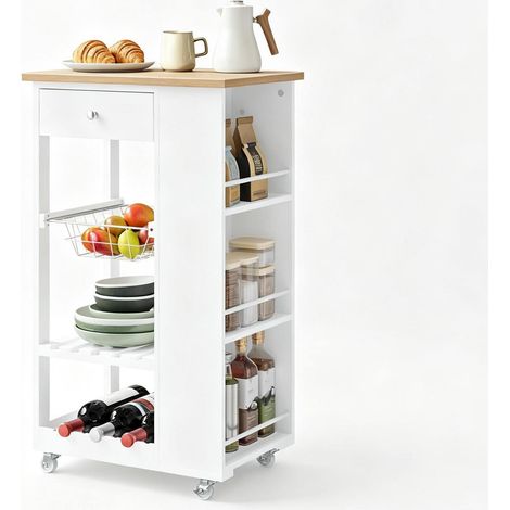 CHICFURN Carrito de cocina 56,5x37x87 cm bambú blanco, con almacenaje y ruedas (1/5)