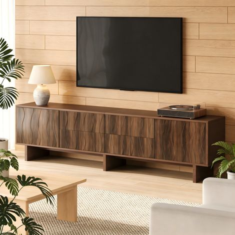 1804056 cm – Meuble pour téléviseur. Il comprend 4 tiroirs et 2 portes de meuble. Design en forme de vague. Idéal pour des téléviseurs jusqu’à 75 pouces. Bois de noyer foncé. (1/5)