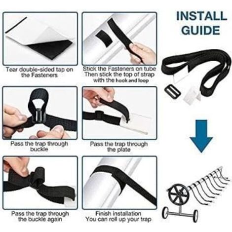 Kit de 8 attaches pour bâche solaire de piscine, sangles de maintien et clips, avec sangles adhésives en nylon et plaques. (1/5)