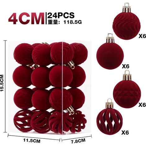 Décorations de Noël, ensemble de 24 boules de Noël floquées de luxe de 4 cm, ornement pour sapin de Noël