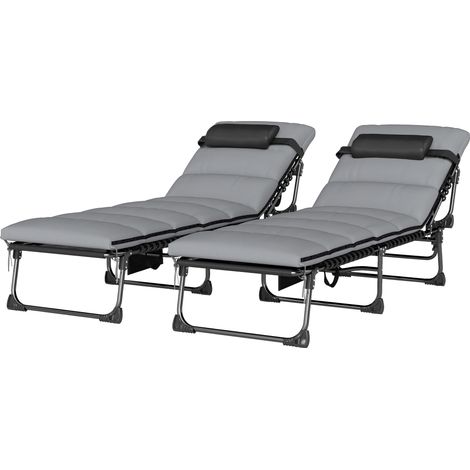 Lot de 2 Bain de Soleil Chaise Longue Jardin avec Matelas 9cm Pliable Dossier Réglable 5 Positions Appui-tête 200cm Gris