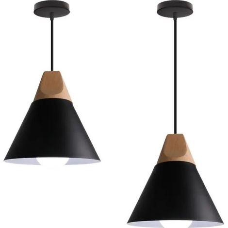 U-DO 2Pcs Lustre Suspension Luminaire Vintage Lampe en Métal Noir en Bois E27 Ajustable Lustre Intérieur Rétro pour Salon Cuisine (1/4)
