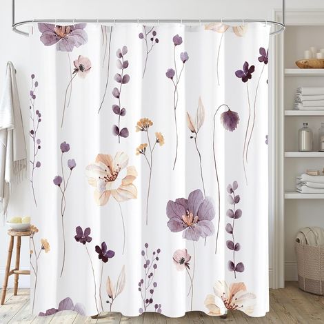 Rideau de douche fleurs aquarelle beige prune, tissu imperméable blanc moderne minimaliste pour salle de bain, ensemble avec crochets 180x180 cm (1/5)