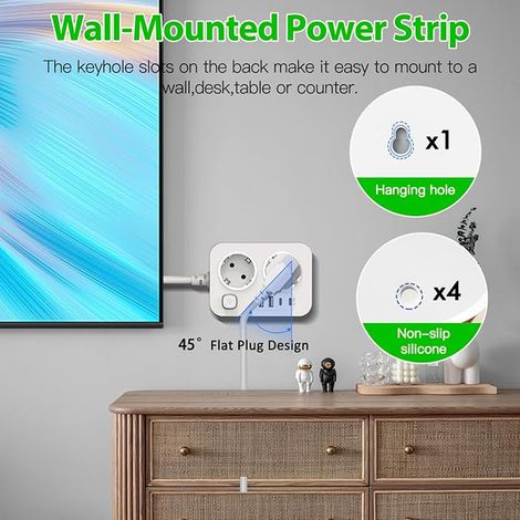 Multiprise 2 Prises USB Rallonge Electrique Multiprise Plate Murale Interrupteur Portable Bloc Prise Multiple Protection Surtension Cable 1.8m Bureau Maison Voyage Blanche (1/3)