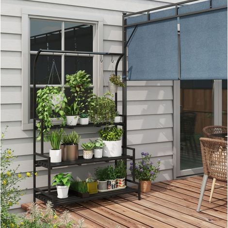 Scaffale per fiori a 3 livelli, 6 ganci, metallo e legno, 170 x 110 x 50 cm, nero REDOM (1/5)