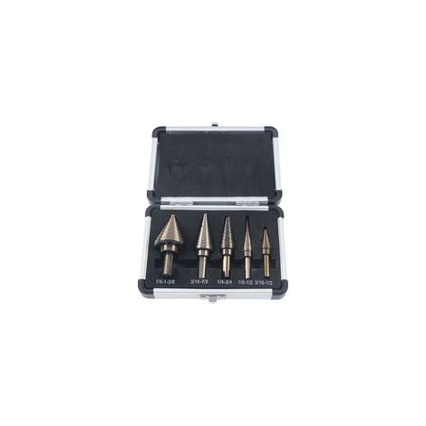 5-teiliges Set HSS-Stufenbohrer, Aluminiumkoffer, Kegelfasenfräser für Edelstahl, Holz und Kunststoff. – Crezuo