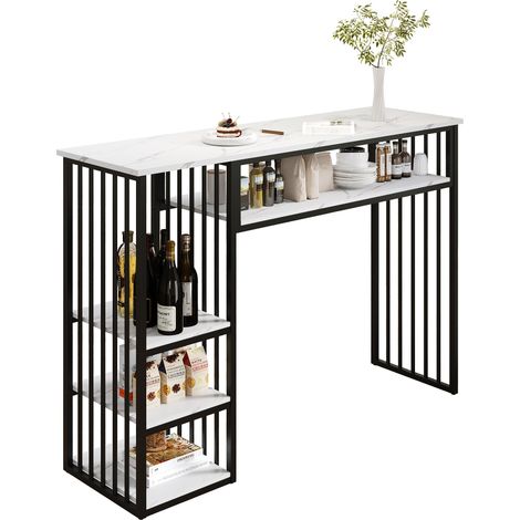 Table bar avec rangement, plateau effet marbre, 3 niveaux de stockage, structure métal noir, 140 x 40 x 105 cm, pour cuisine, salle à manger et petit espace  CHICFURN (1/5)