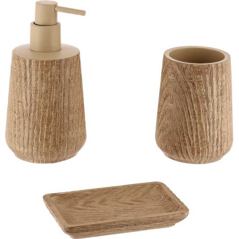 Set gobelet distributeur a savon et porte savon polyresine effet bois - naturel - Tendance (1/2)