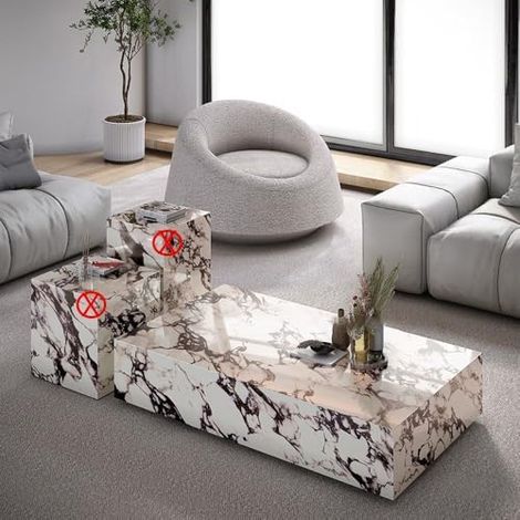 Table de salon rectangulaire blanche, avec texture en marbre imitant le marbre. Dimensions : 90×50×30 cm. . Conforme aux styles modernes de luxe, scandinave et nor (1/5)