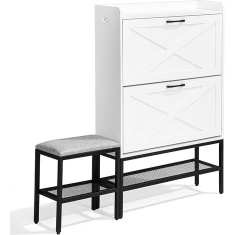 Meuble à chaussures à 2 portes abattantes style porte de grange avec banc rembourré, 120×24×120cm, rangement pour entrée, blanc (1/4)