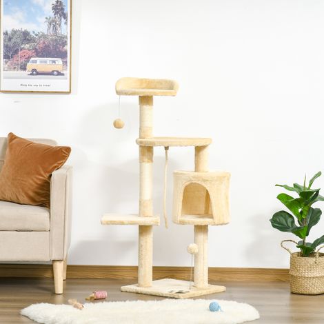 PawHut Multi-Geräte-Katzenbaum mit Kratzstämmen, Plattformen, Höhle, Seil und Spielzeug, 40 x 40 x 114 cm (L x B x H), Beige