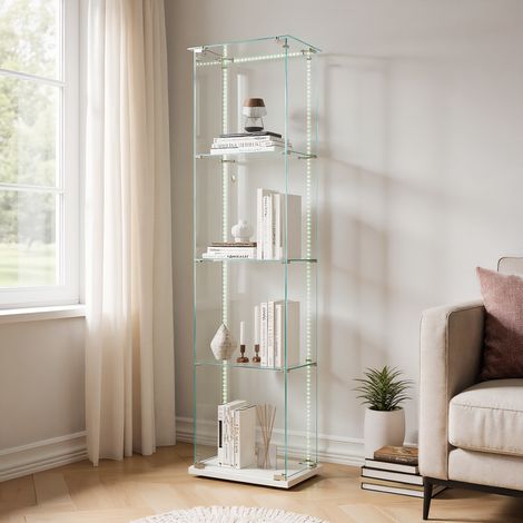 Meuble Vitrines avec Éclairage LED, Vitrine en Verre avec 2 porte et 4 étagères, moderne Vitrine Salon, pour chambre, salon et salle à manger, 39 x 35 x 163 cm, Blanc (1/5)