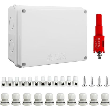 Boîte de Dérivation Étanche Exterieur IP65 - Coffret de Raccordement Apparent 150x110x70 mm - avec 10 presse-étoupes M20 avec joint - scie cloche 20 mm incluse - pour câbles Ø6–12 mm (1/5)