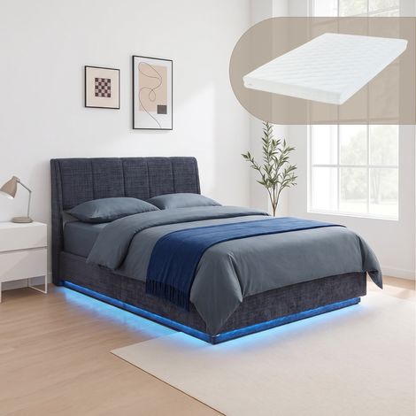Letto Francese Contenitore Tröstiar a Luce LED con Materasso 140x200 cm - Effetto Lino Blu [en.casa] (1/5)