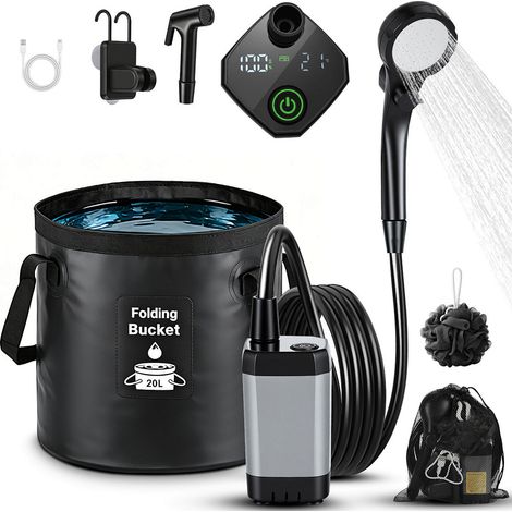 Randaco Ducha de camping portátil, ducha de jardín con cubo plegable de 20L y manguera de 2 m, para lavado de coche, playa, camping, mascotas
