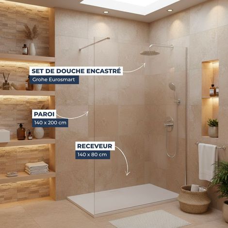 Dusch-Komplettset – Walk-In Duschwand 140x200 Chrom + Grohe Eurosmart 2 Strahlarten + Gussmarmor-Duschwanne Weiß 140x80 (SAT140) (1/5)