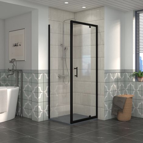 NRG Bathroom Pivot Shower Enclosure Black Framed + Side Panel, 800 x 700mm Reversible Screen with Anthracite SMC Rectangle Shower Tray (1/5)
