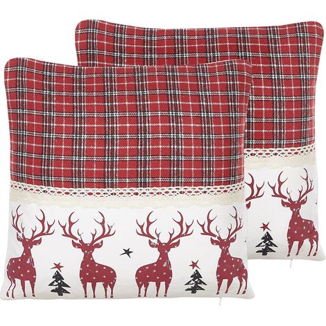 Lot de 2 Coussins de Noël avec Motifs Carreaux et Rennes 45 x 45 cm en Coton Rouge Beliani