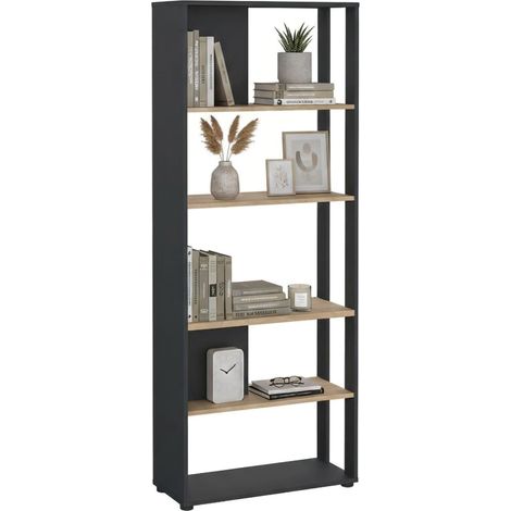 Dmora - Libreria MuGuiying, Scaffale da ufficio, Mobile portalibri, Biblioteca, 80x34 h205 cm, Rovere e Grigio