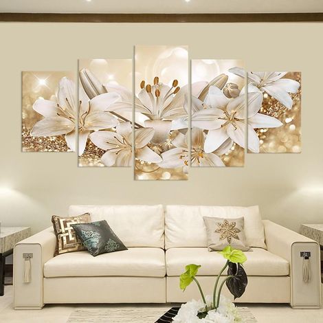 Canvas Art Print - Floral Lily Design - Set of 5 Wall Decor - 20x30cm x2 20x40cm x2 20x50cm x1 - Unframed Canvas Painting (1/4)