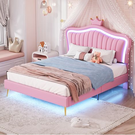DESVIAE Lit enfant rembourré avec LED tête de lit coquillage couronne dossier réglable 140 x 200 cm rose simili cuir avec sommier à lattes (1/5)