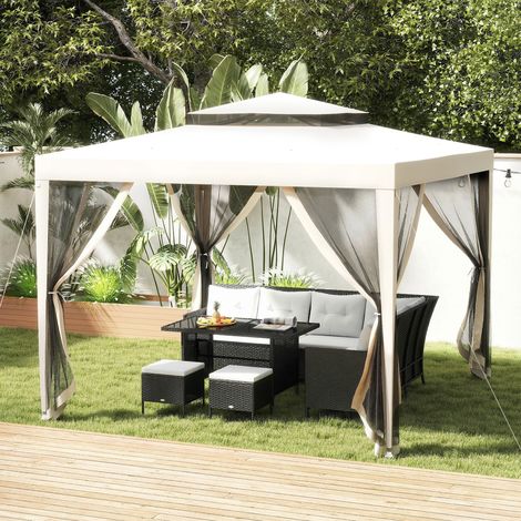 Gartenpavillon, 3 x 3 m, mit 4 abnehmbaren Moskitonetzen, Doppeldach, cremefarben